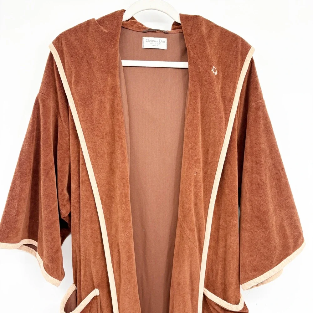 Christian Dior Mens Vintage Velour Hooded Luxury Loungewear Bath Robe Brown OS